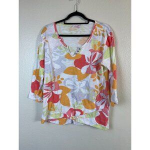 Fresh Produce Womens Floral V-Neck Top Size Lrge Cotton 3/4 Sleeve Floral Boho